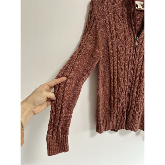 LL Bean Womens Double L Cable Sweater Zip Cardigan Cotton Mix Cable Red Rust Med - Picture 2 of 10